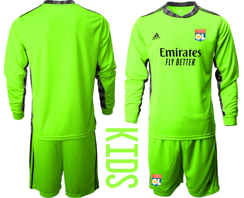 2021 Olympique Lyonnais fluorescent green goalkeeper long sleeve kids soccer jerseys->youth soccer jersey->Youth Jersey